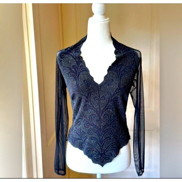 Tadashi Shoji Black Sheer Mesh Beaded scallop V Neck Top Blouse Grunge Fairy XL - Picture 1 of 9